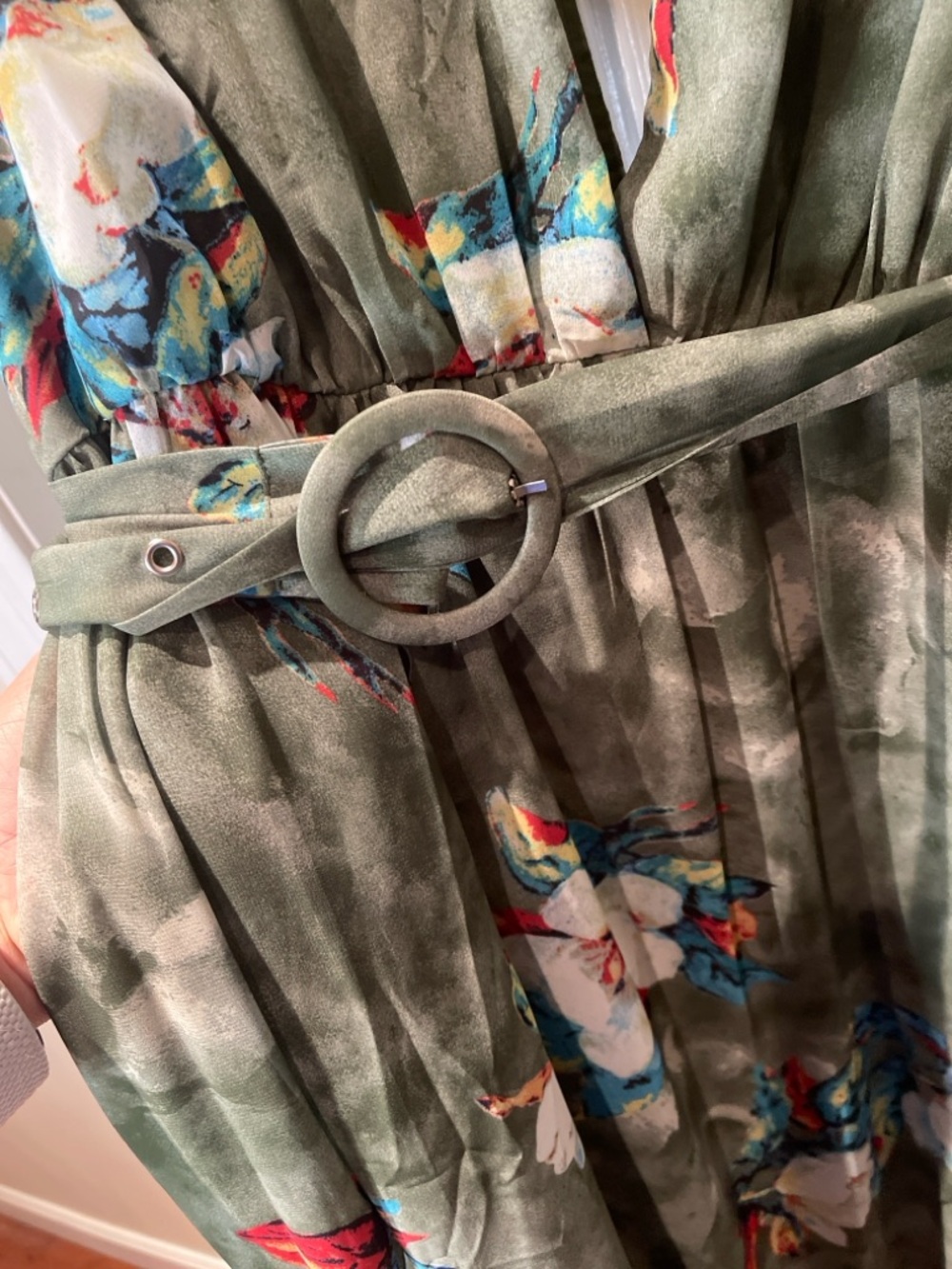 Olive Floral V-Neck Maxi Dress with Belt - Picture 3 of 9